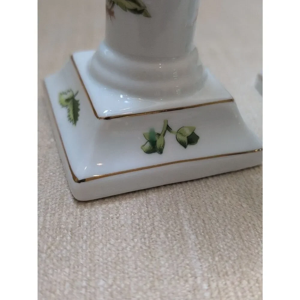 Porcelain Floral Candle Holders - White with Green and Floral Accents